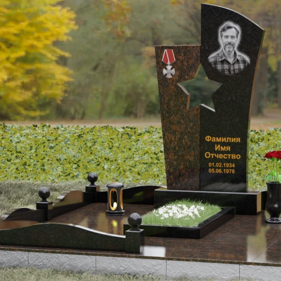 Вертикальный комбинированный памятник для одного в Ставрополе, гранит Габбро-диабаз, вид 4