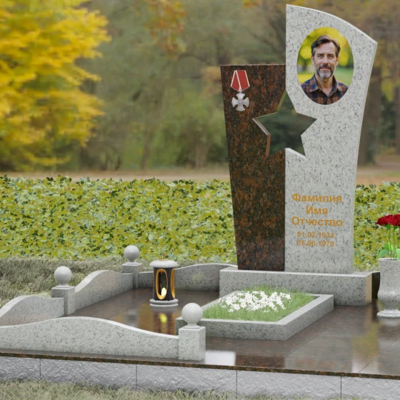 Вертикальный комбинированный памятник для одного в Ставрополе, гранит Мансуровский, вид 4