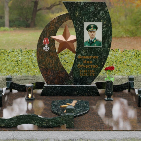 Вертикальный комбинированный памятник в Альметьевске, гранит Балтик грин, вид 2