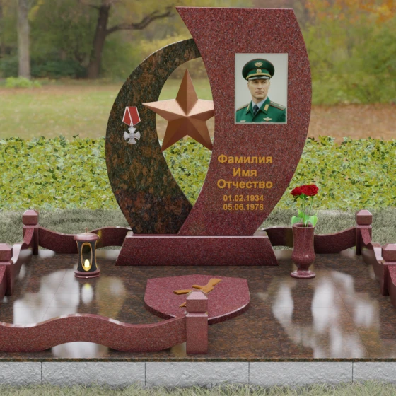 Вертикальный комбинированный памятник в Альметьевске, гранит Лезниковский, вид 2