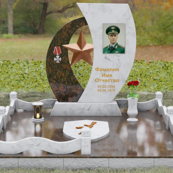 Вертикальный комбинированный памятник в Альметьевске, мрамор Тассос, вид 2