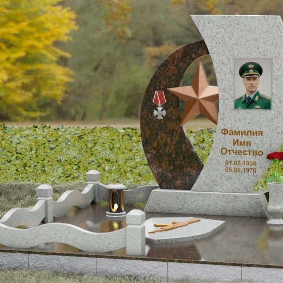 Вертикальный комбинированный памятник в Альметьевске, гранит Мансуровский, вид 4