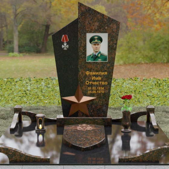 Вертикальный Комбинированный памятник на одного в Салехарде, гранит Дымовский, вид 2