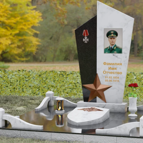 Вертикальный Комбинированный памятник на одного в Салехарде, мрамор Тассос, вид 4