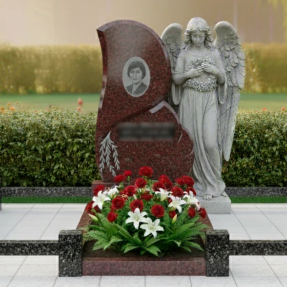 Гранитный памятник с ангелом-хранителем и подсветкой, гранит Лезниковский