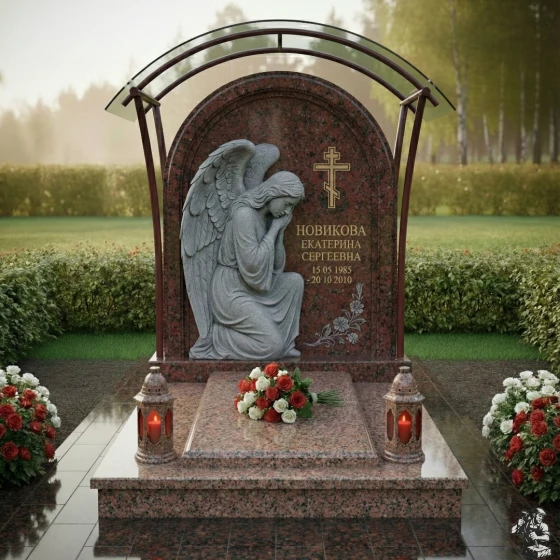 Православный памятник с крестом и стеклом в Мурманске, гранит Блю Перл