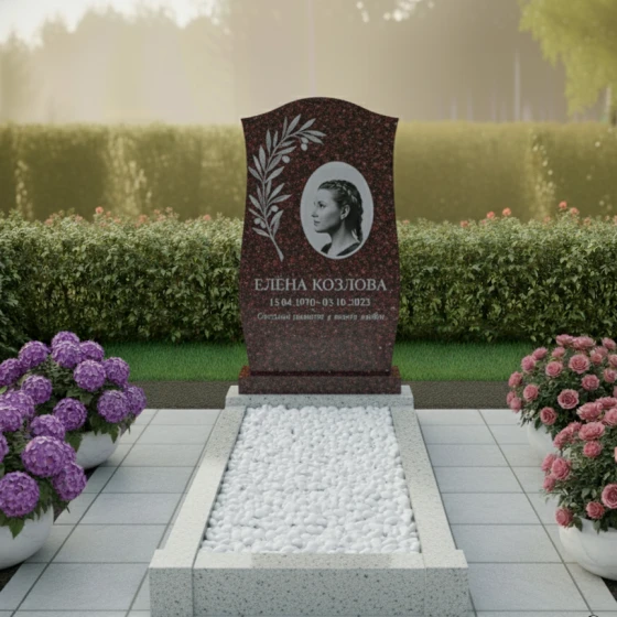 Памятник-волна с гравировкой ветви, гранит Лезниковский