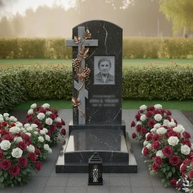 Гранитный вертикальный памятник с крестом для православных - ПН086