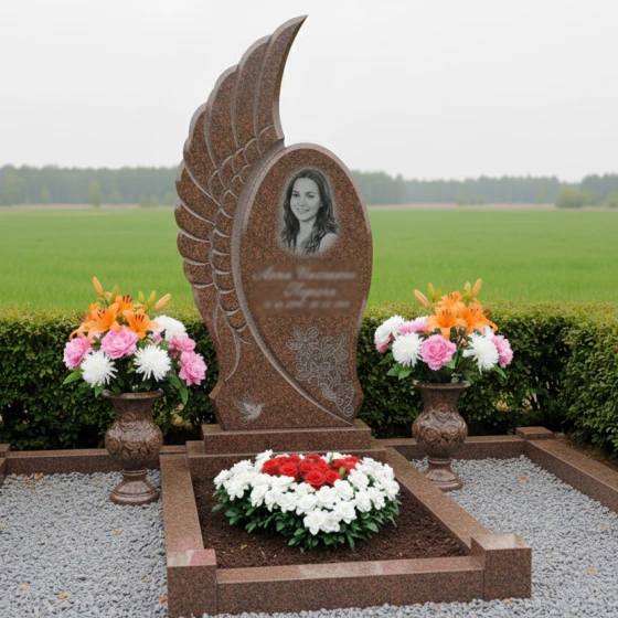 Памятник-крыло с голубями из гранита, гранит Дымовский