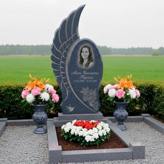 Памятник-крыло с голубями из гранита, гранит Блю Перл