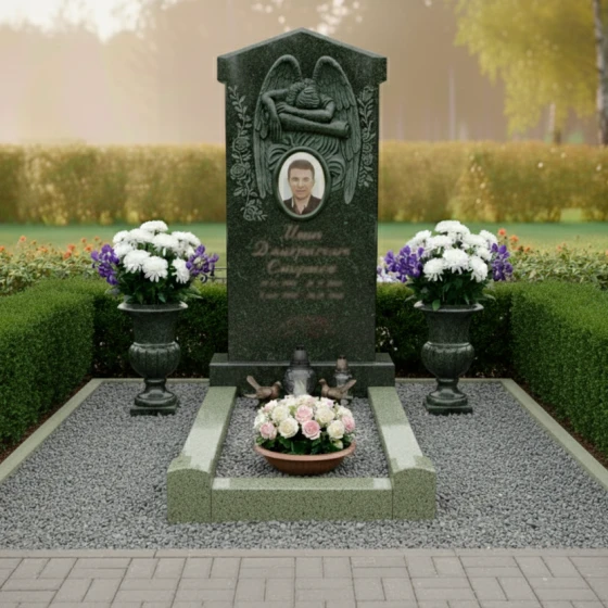 Гранитный памятник с крыльями ангела, гранит Балтик грин, в Якутске