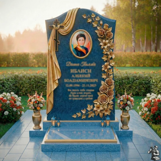 Православный вертикальный памятник с крестом в Рязани, гранит Блю Перл
