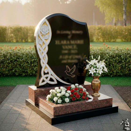 Гранитный вертикальный памятник с мемориальным комплексом в Липецке, гранит Габбро-диабаз