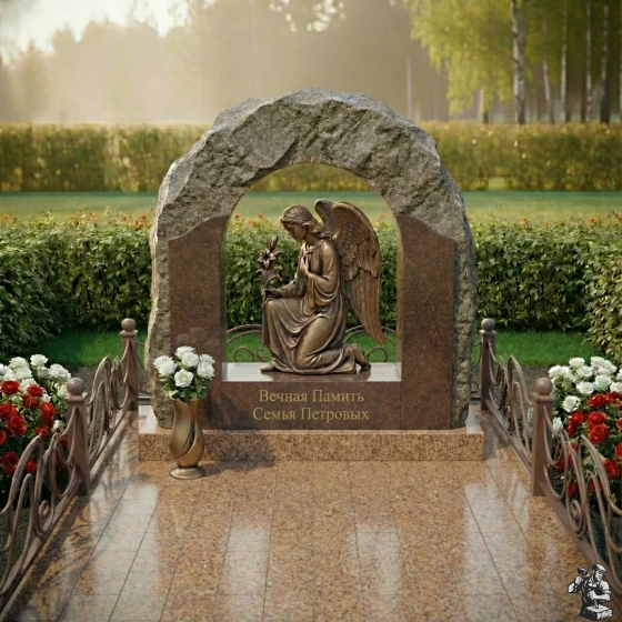 Мемориальная композиция с аркой и бронзовым ангелом, гранит Дымовский, в Якутске