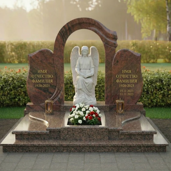 Мемориал с мраморным ангелом и аркой из гранита, гранит Дымовский, в Якутске