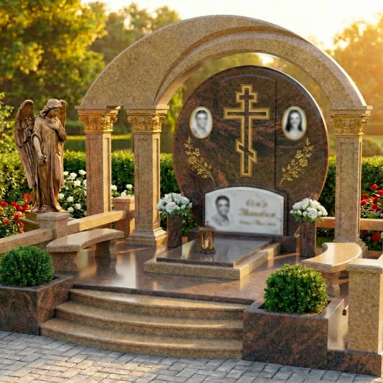 Гранитный памятник на троих с крестом в Омске, гранит Дымовский