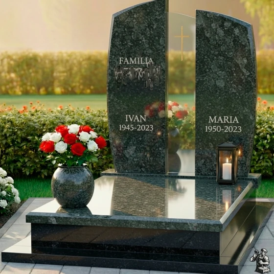 Элитный католический памятник из гранита и стекла в Барнауле, гранит Балтик грин