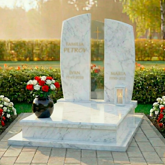 Элитный католический памятник из гранита и стекла в Барнауле, мрамор Тассос