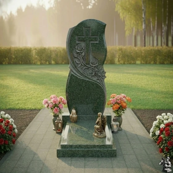 Православный гранитный памятник с крестом и мемориалом в Новокузнецке, гранит Балтик грин