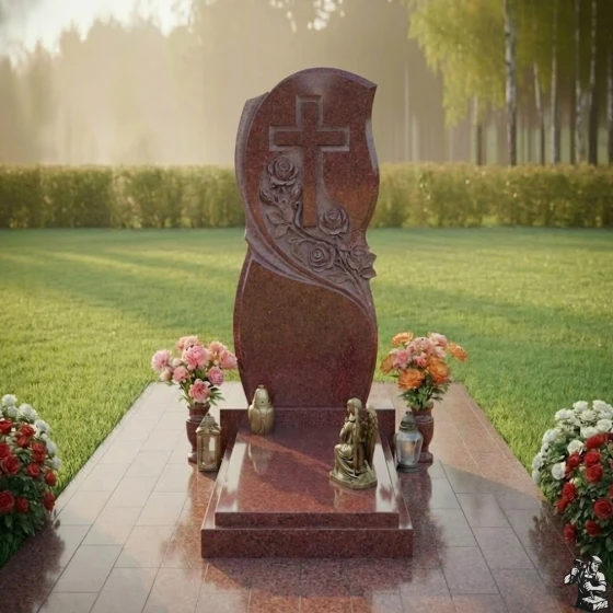 Православный гранитный памятник с крестом и мемориалом в Новокузнецке, гранит Лезниковский
