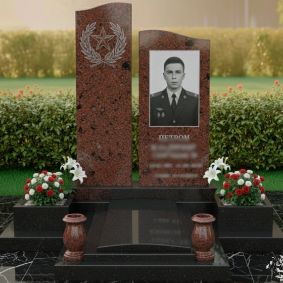 Гранитный мемориал из двух стел со звездой и венком, гранит Лезниковский, в Якутске