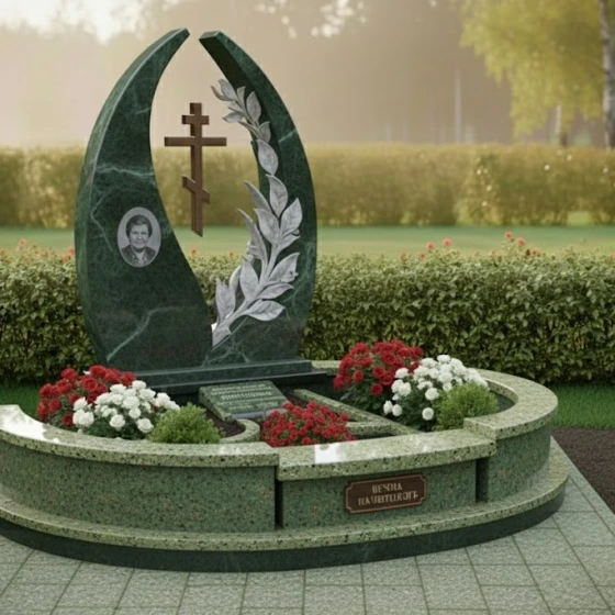 Элитный Гранитный православный памятник с крестом в Салехарде, гранит Балтик грин