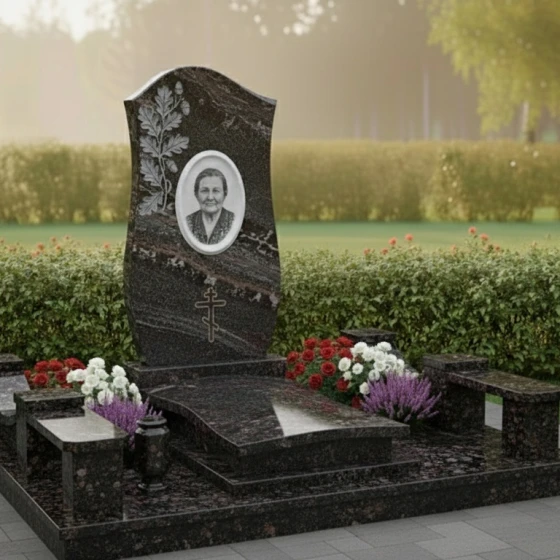 Гранитный православный памятник с крестом для мемориала в Салехарде, гранит амфиболит
