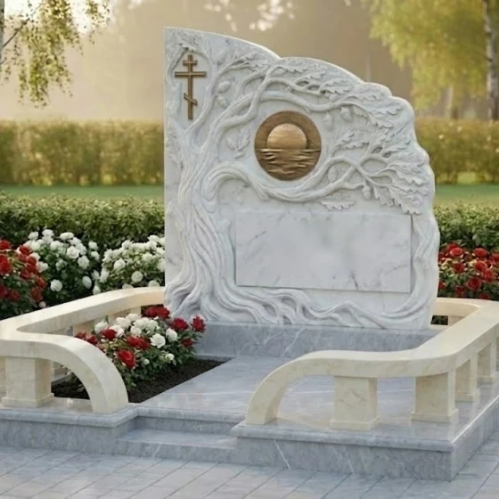 Элитный Комбинированный памятник с крестом в Оренбурге, мрамор Тассос
