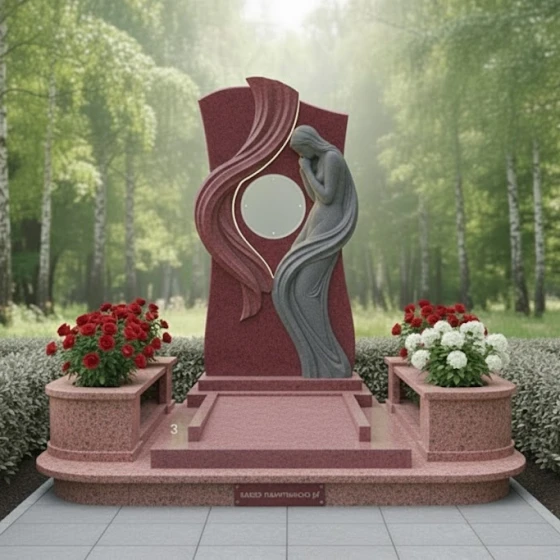 Надгробие со скорбящей женщиной и медальоном, гранит Лезниковский