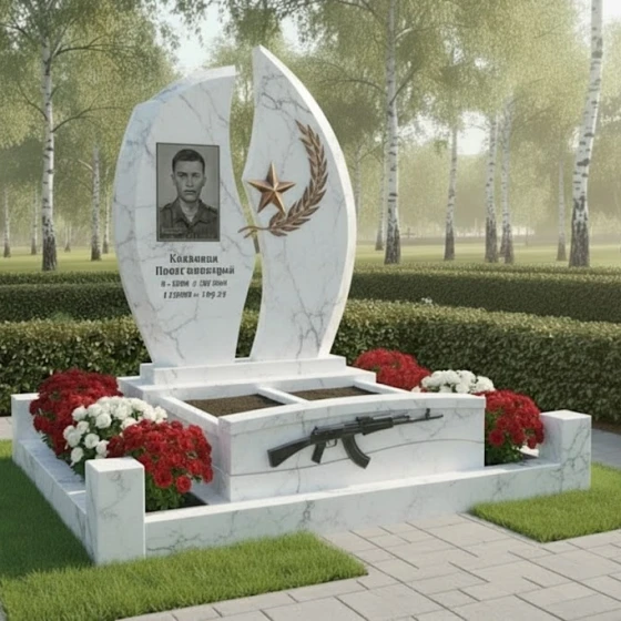 Светский вертикальный гранитный памятник в Кемерово, мрамор Тассос