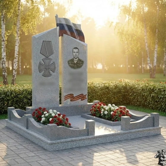 Гранитный вертикальный светский памятник во Владивостоке, гранит Мансуровский