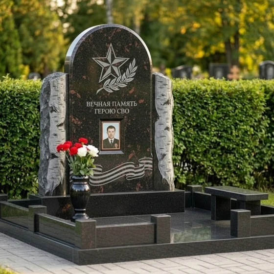 Гранитная мемориальная композиция с аркой и звездой, гранит амфиболит, в Якутске