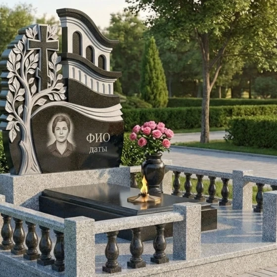 Православный гранитный памятник с деревом и крестом, гранит Габбро-диабаз, в Якутске
