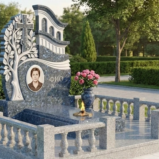 Православный гранитный памятник с деревом и крестом, гранит Блю Перл, в Якутске