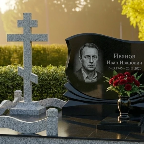 Элитный православный памятник с крестом в Ижевске, гранит Габбро-диабаз