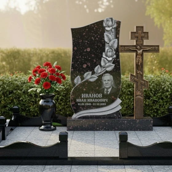 Православный гранитный памятник с крестом для комплекса в Рязани, гранит амфиболит