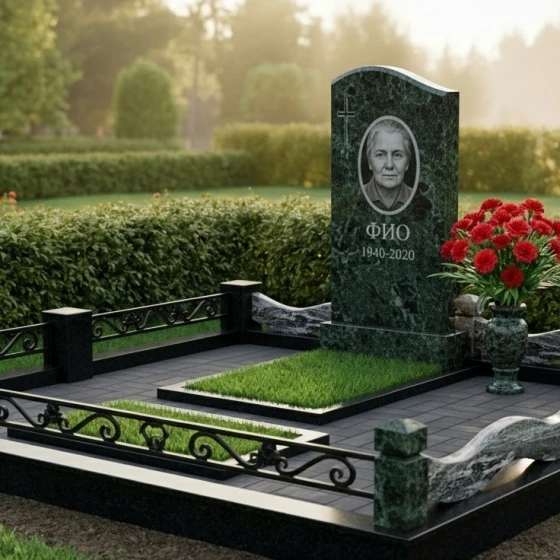 Православный гранитный памятник с крестом в Мурманске, гранит Балтик грин