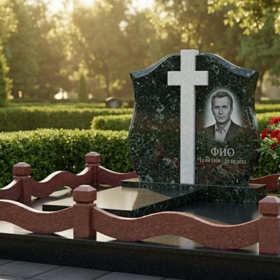 Православный вертикальный памятник для комплекса в Барнауле, гранит Балтик грин