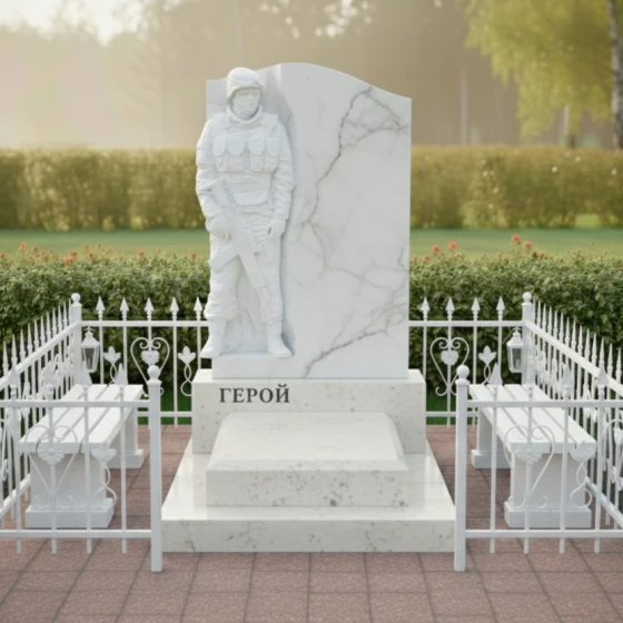 Памятник с барельефом воина и волной из гранита, мрамор Тассос, в Якутске