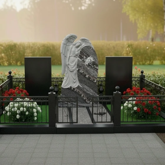 Мемориал с ангелом и овальной стелой из гранита, гранит амфиболит