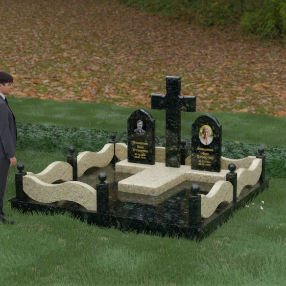 Семейный памятник с православным крестом и арочными вершинами, гранит Балтик грин, вид 4, в Якутске