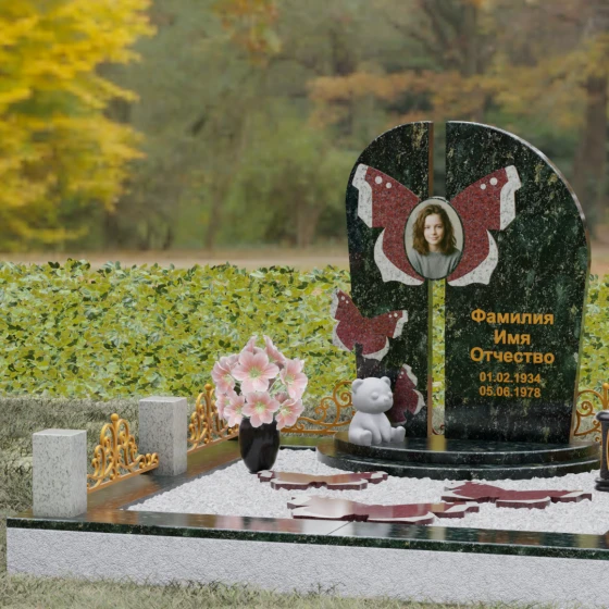 Мемориал с вертикальной стелой и крыльями бабочки, гранит Балтик грин, в Якутске