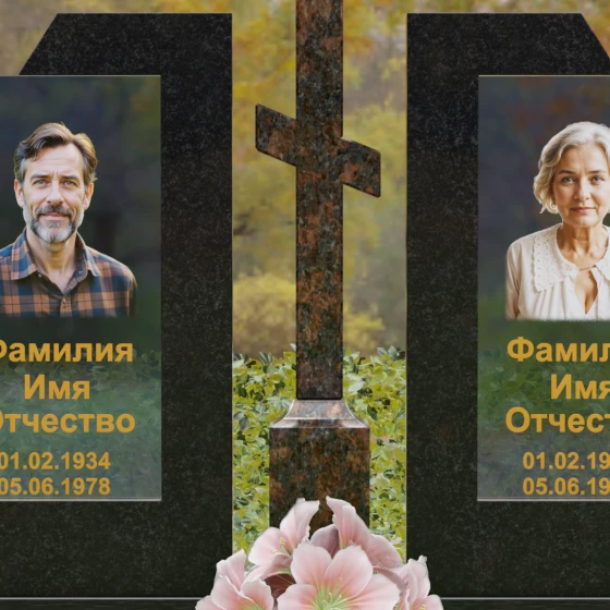 Православный памятник со стеклом для двоих в Барнауле, гранит Габбро-диабаз
