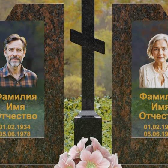 Православный памятник со стеклом для двоих в Барнауле, гранит Дымовский