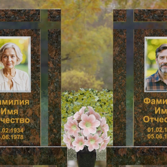 Вертикальный гранитный памятник с крестом и сферами, гранит Дымовский, в Якутске