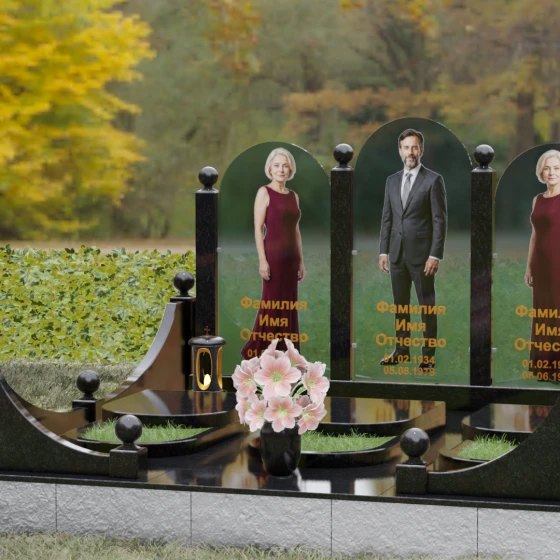 Вертикальный Комбинированный Памятник на троих в Тольятти, гранит Габбро-диабаз, вид 4