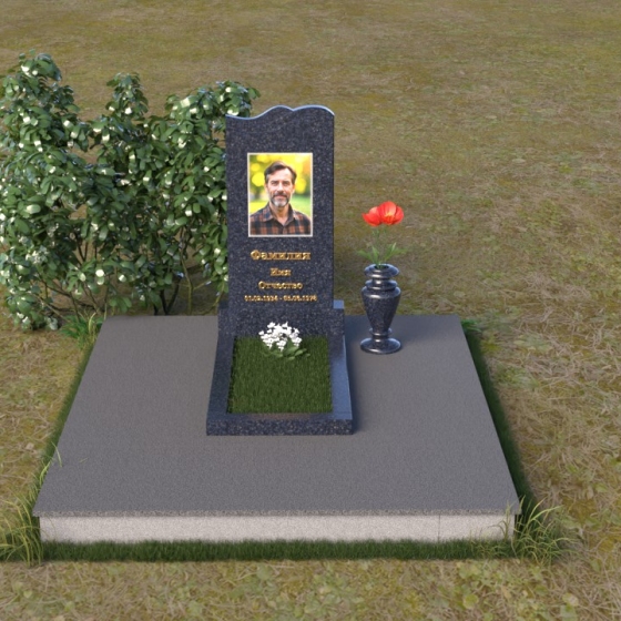 Гранитный памятник с волнообразной вершиной, гранит Блю Перл, вид 3