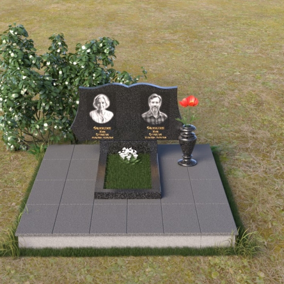 Гранитный памятник с волнообразным навершием и тумбой, гранит Габбро-диабаз, вид 3
