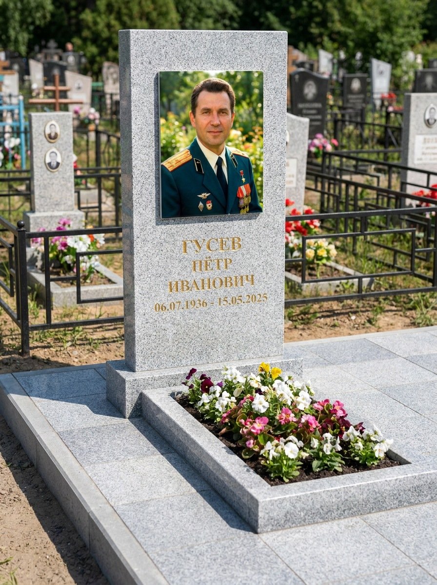 Портрет на памятнике в Салехарде — Прямоугольник на гранитной стеле, ФИО и даты на портрете